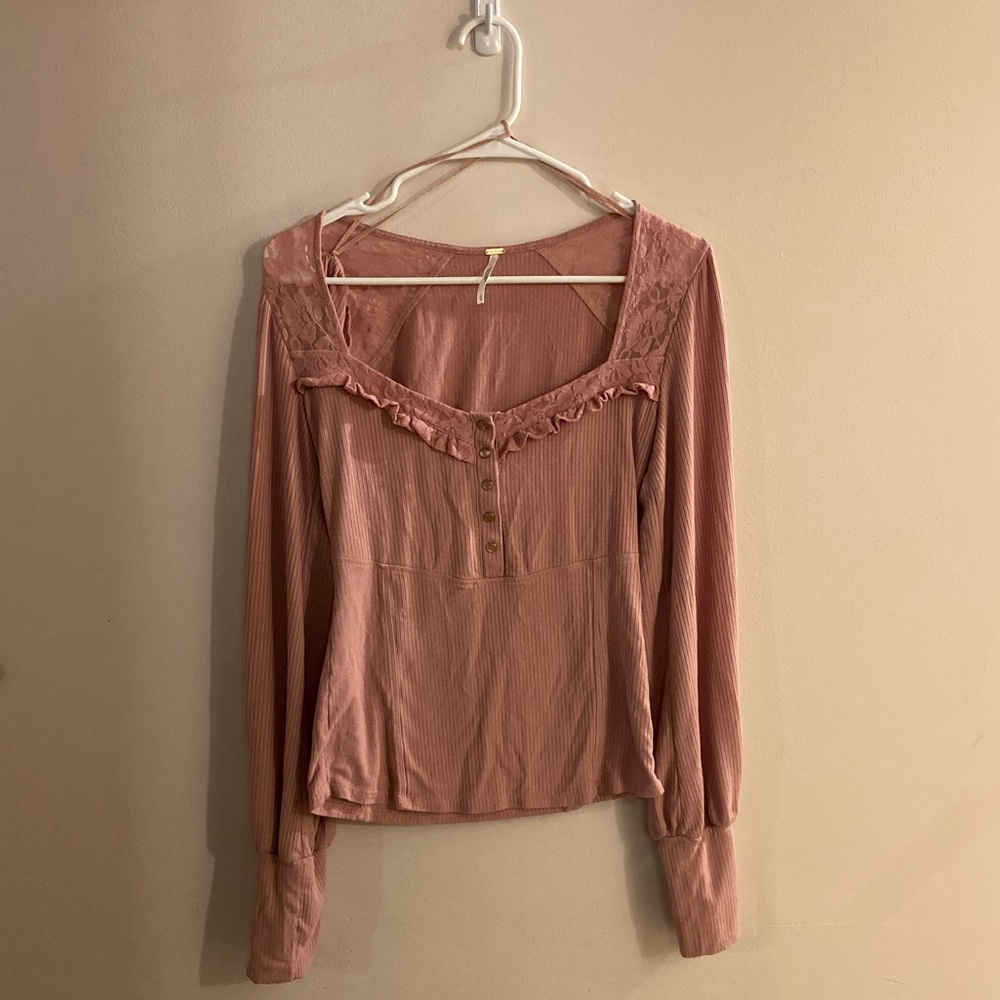 Free People Lace Button Detail Henley Top Long Sleeve